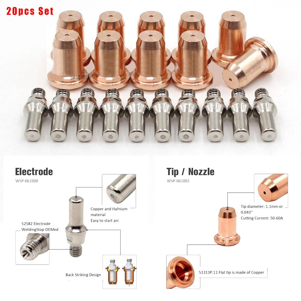 Plasma Cutting Consumables For PT-60 Torch - 1.1mm Nozzles & Electrodes 20-Pack