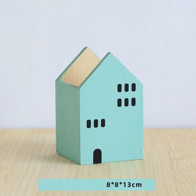 Hus form træ blyant penneholder desktop organizer opbevaringsboks container pensel pot papirvarer skole kontor tilbehør: Lille grøn
