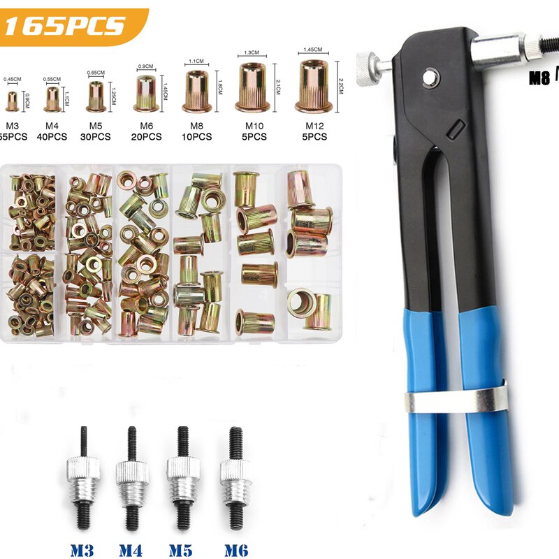 100/150/165/210pcs M3-M12 Multi Flat Head Metric Thread Blind Rivet Nut Insert Rivnut Nutsert Screw: 165pcs Carbon steel