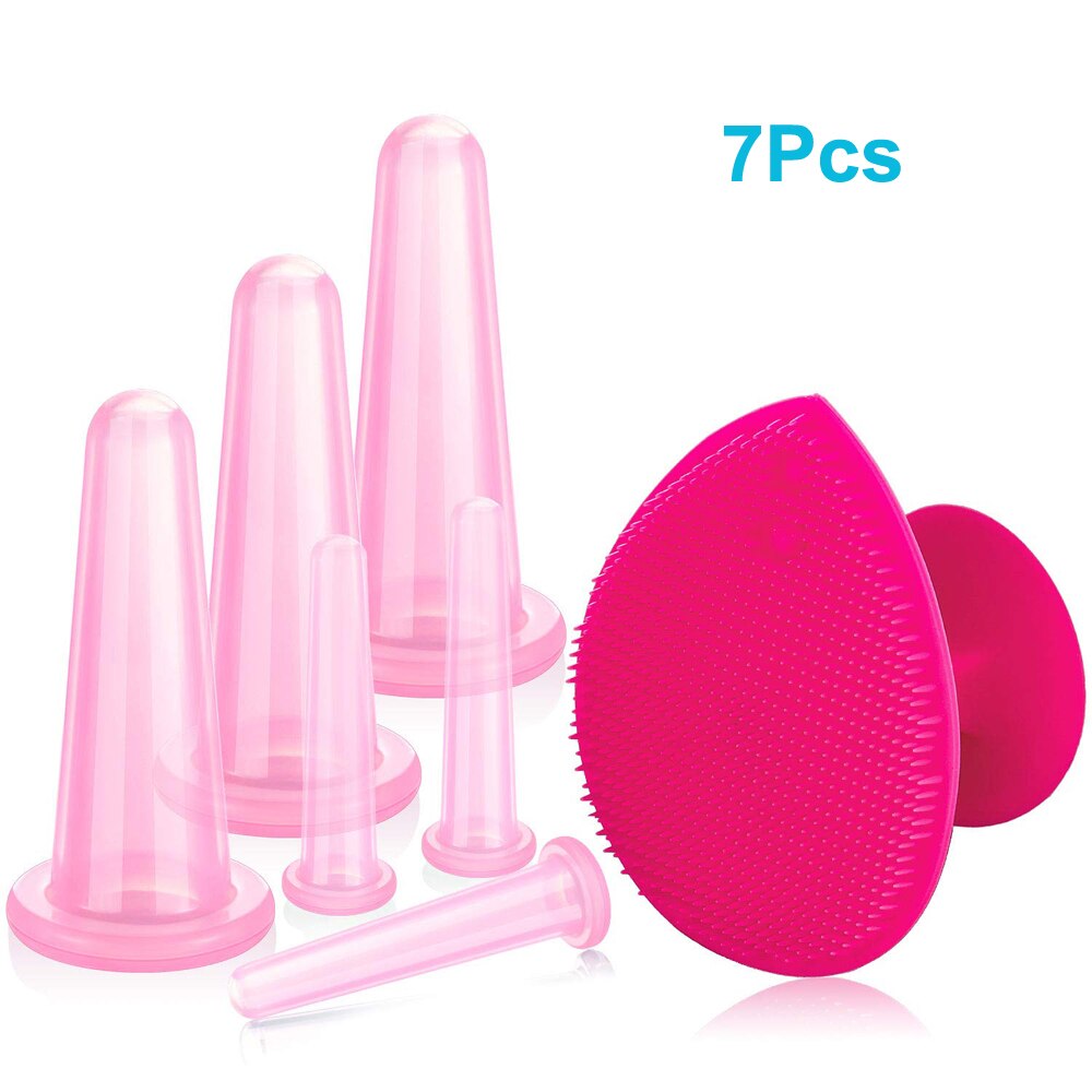 7Pcs Cupping Facial Set Voor Gezicht Eye Cupping Massage, facial Cupping Set Siliconen Cups Met Exfoliërende Borstel Voor Gezicht Hals Huid: Pink