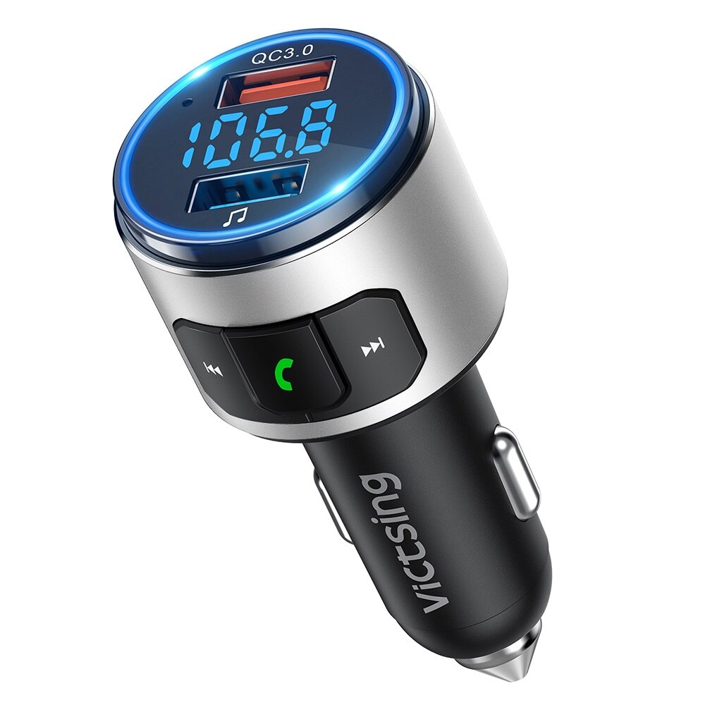 VicTsing-Adaptador de Radio transmisor FM con Bluetooth actualizado V5.0, llamada con manos libres, cargador rápido QC3.0 y 2 puertos USB, transmisor FM: Sliver
