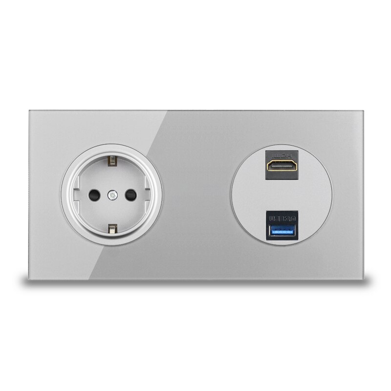 Eu eluttag med hdmi usb 3.0 data jack dataöverföringsport vägguttag för dator tv tv uttag silvergrått glas: Hdmi usb -uttag