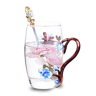Peach Blossom and Rhinestones Decorated Enamel Coffee Cup Mug Flower Tea Glass Milk Cups Alloy Handgrip Cups and Mugs: M-3
