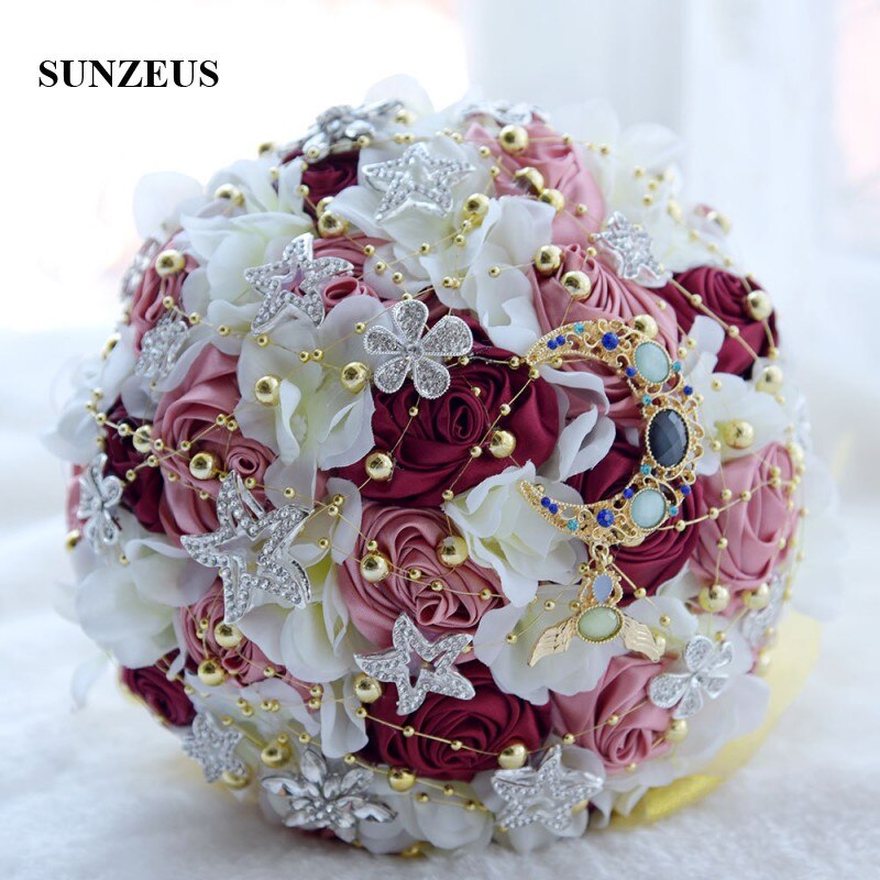 Romantic Light Blue Flowers Wedding Bouquet Pearls Shiny Stars Royal Blue Artificial Bridal Flowers Bouquet huwelijk SWB08: pic color 7