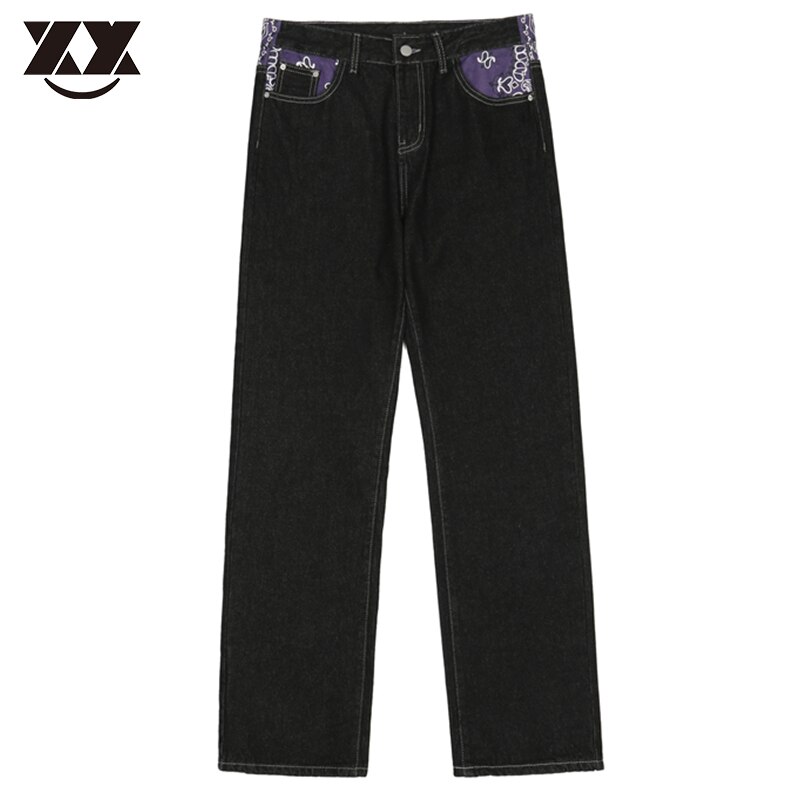 Gotiske bogstaver print jeans mænd hip hop patchwork streetwear oversized baggy jeans afslappede denim bukser løse vintage herre bukser: Sort-lilla / S