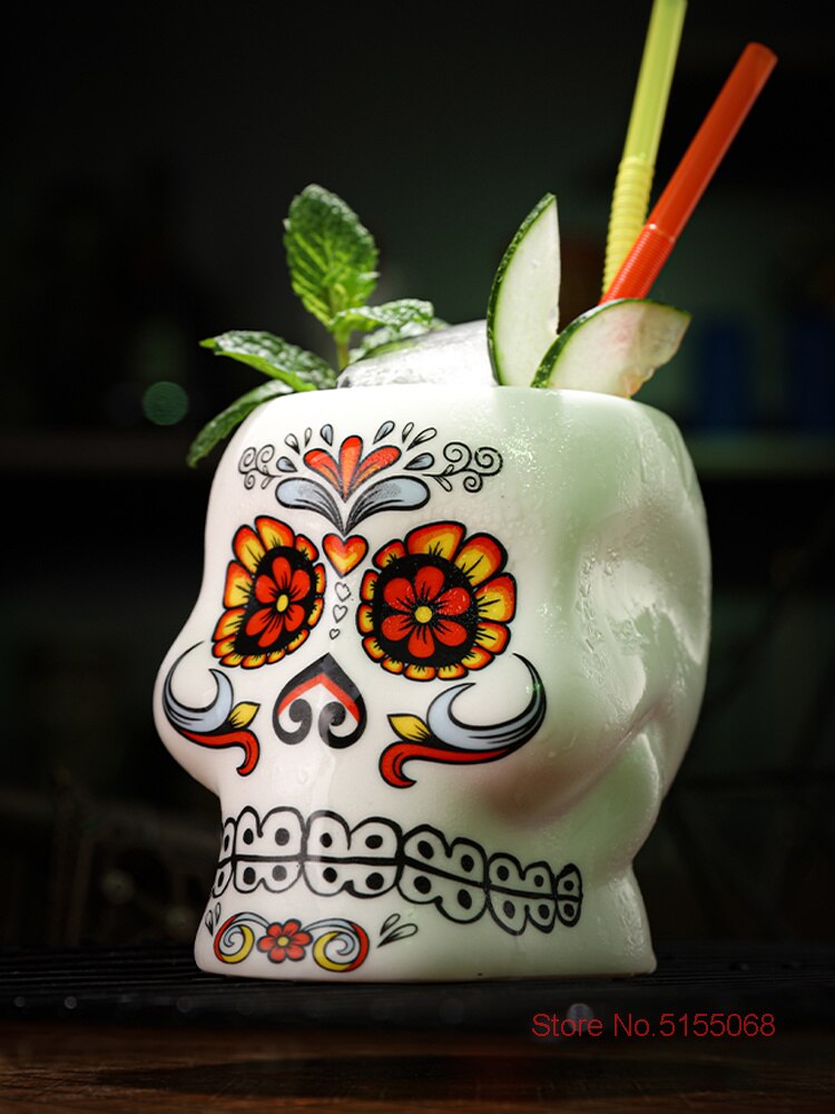 Cráneo de tatuaje cóctel especial de América del Norte taza de TIKI de Hawaii con cara pintada de flores, Bar, cultura Molecular, mezclada, copa de vino