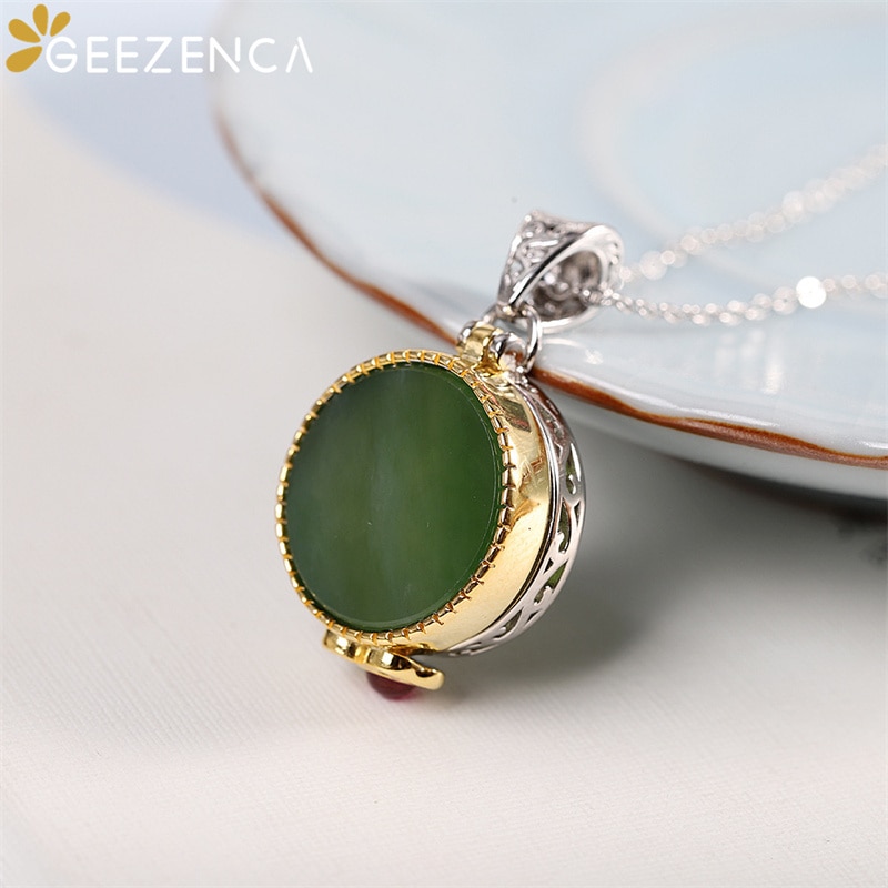 GEEZENCA S925 Silber- Jade Jasper Medaillon Ring Anhänger Jahrgang Luxus Openable Glücklich Ringe Anhänger Schmuck setzt ohne Kette