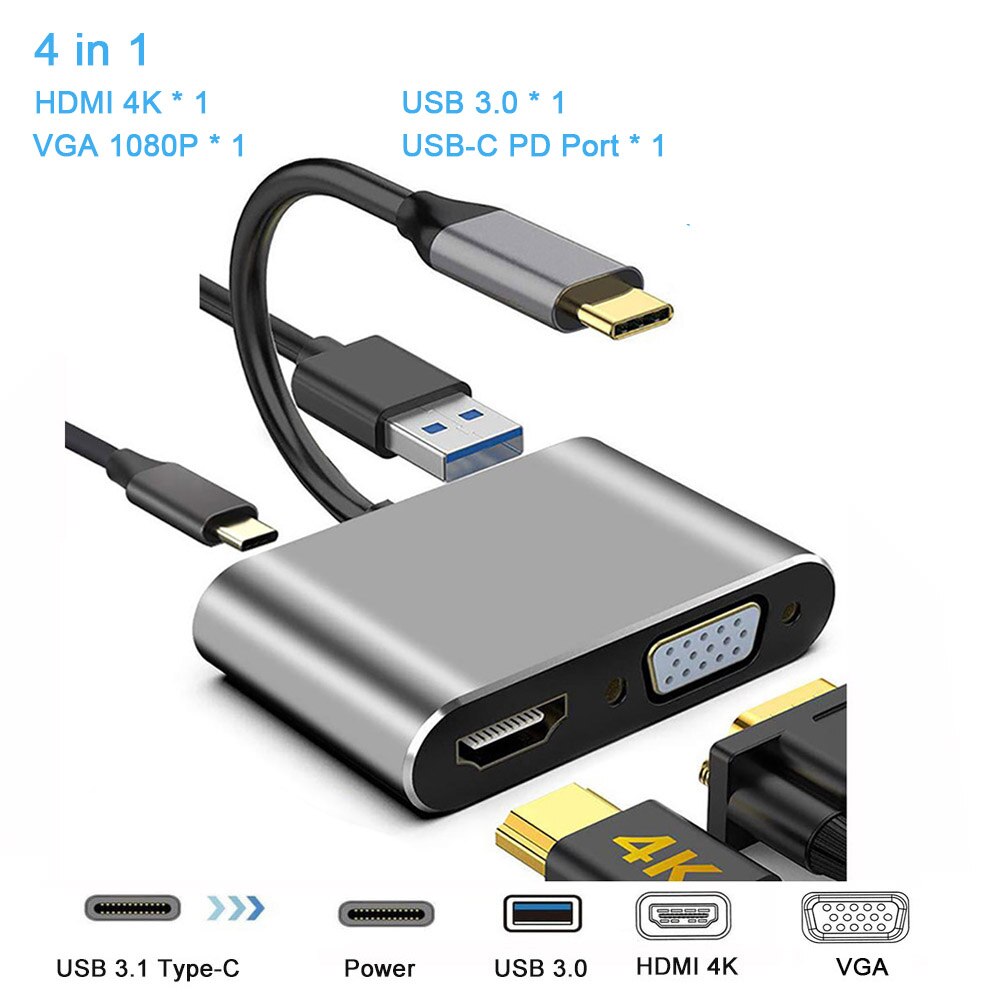 Usb 3.1 Type C Dock Hub Naar Usb 3.0 Type C Vga RJ45 Pd Hdmi-Compatibel Usbc Hub Voor laptop Usb Docking Station Adapter Converter: 4 in 1 grey