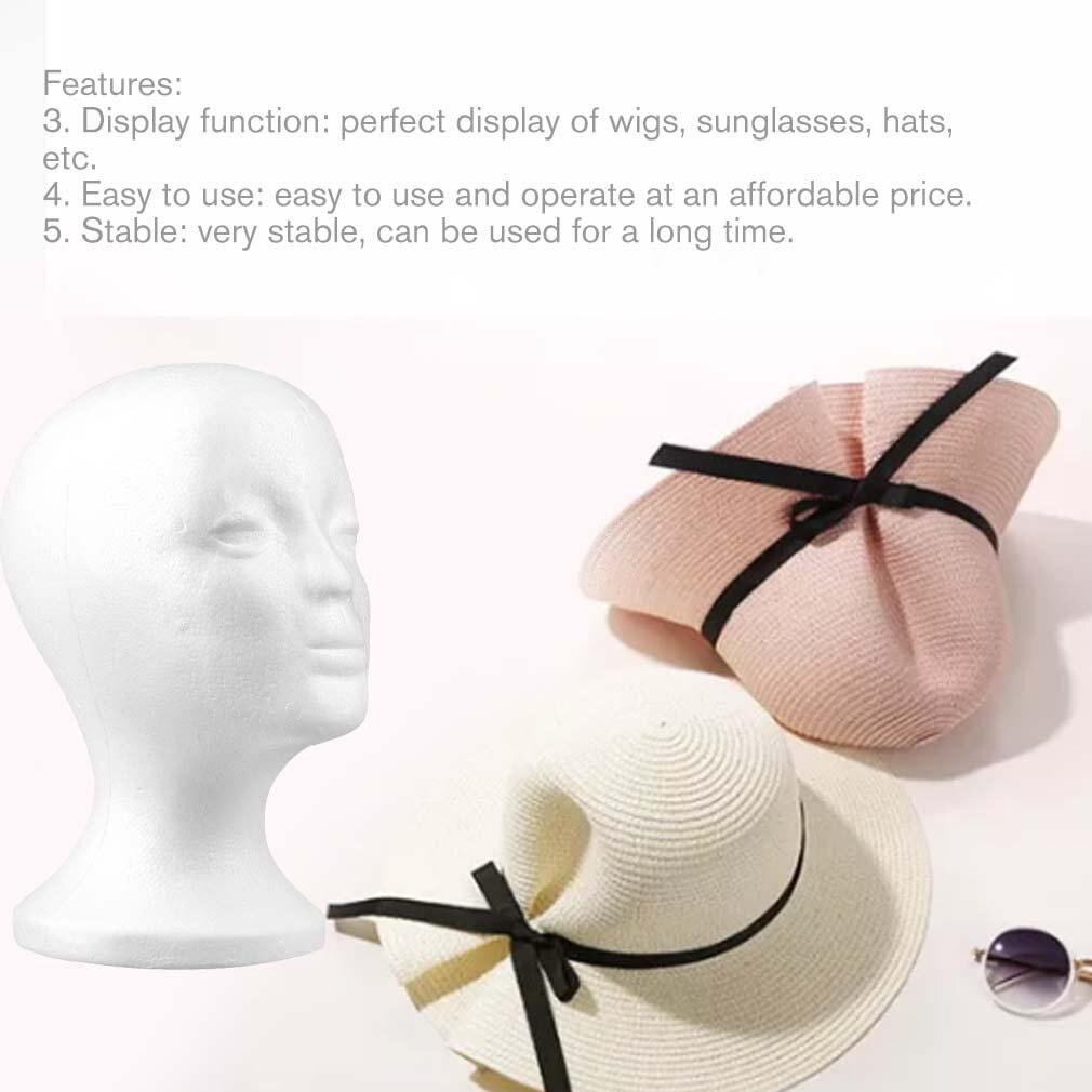 Maniquí de espuma de poliestireno para mujer, modelo de cabeza de maniquí, peluca de espuma, gafas de pelo, vitrina, soporte de exhibición, color blanco,