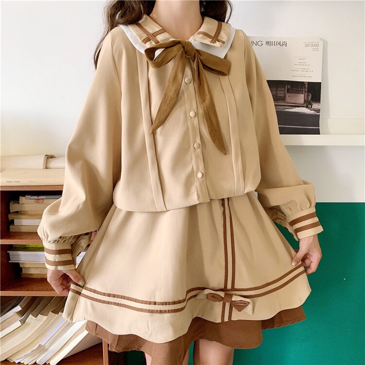 Estilo universitário conjunto de outono feminino 2020 novo estilo universitário estilo japonês casaco saia kawaii roupas doce lolita vestido