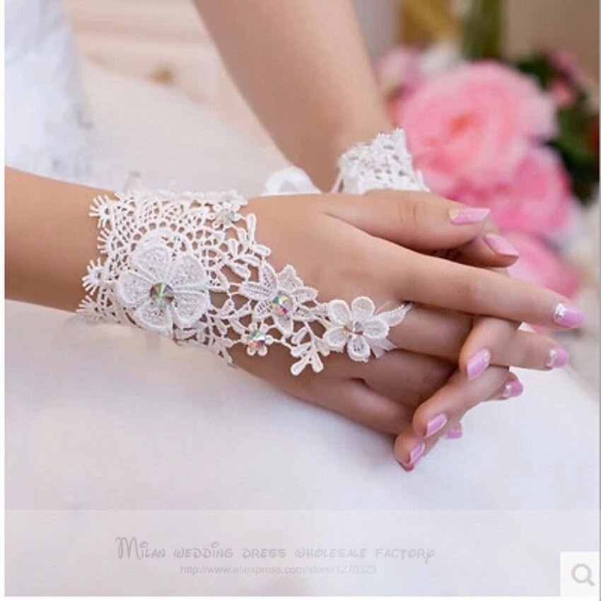 Guantes cortos de encaje para mujer, accesorios de nupcial, longitud de muñeca sin dedos, color blanco marfil,