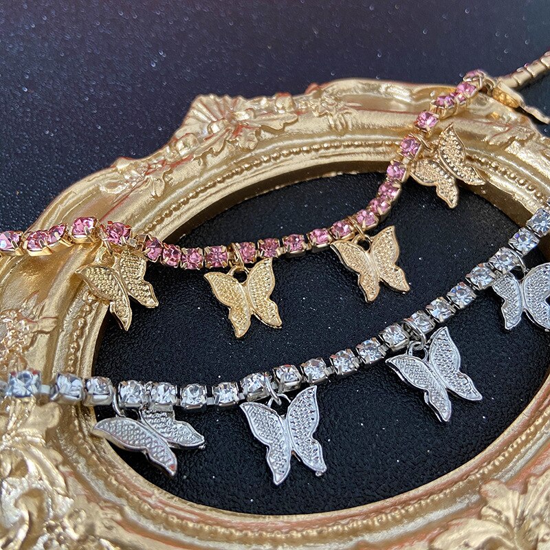 Pulsera tobillera de mariposa para mujer, brazalete de Color dorado con diamantes de imitación, para pierna, Accesorios de playa, joyería para el tobillo