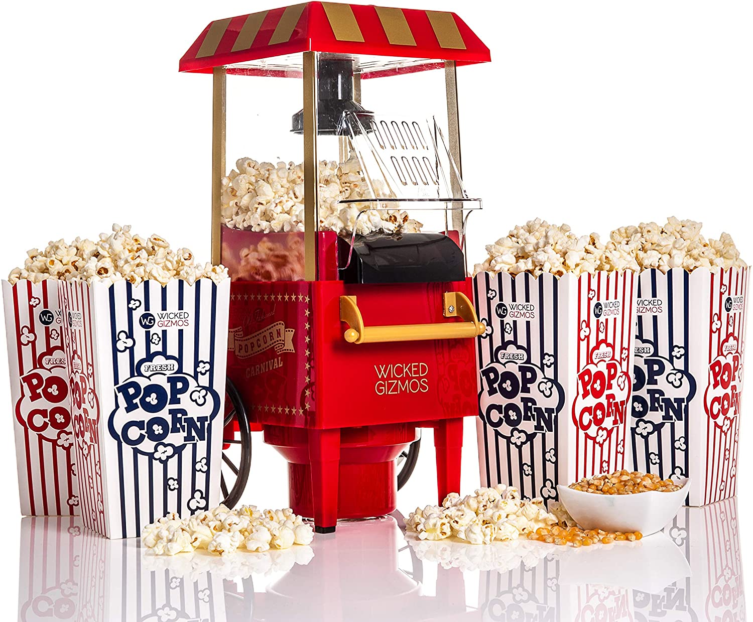 Red Electric 1200W Carnival Fairground Healthy Popcorn Maker - With 6 Serving Boxes and Measuring Scoop