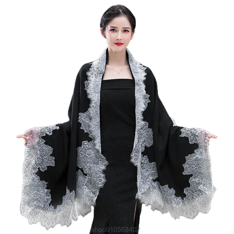 Pashmina-Pañuelo grande para vestido de noche, chal , Floral, con borde de encaje, estola de boda, N19 20,: BK