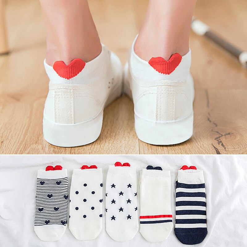 5 Pairs Lot Cotton Women Socks Female Casual Boat 3D Pack Cartoon Harajuku Cat Cute Heart Invisiable Funny Girl Ankle Sock Set