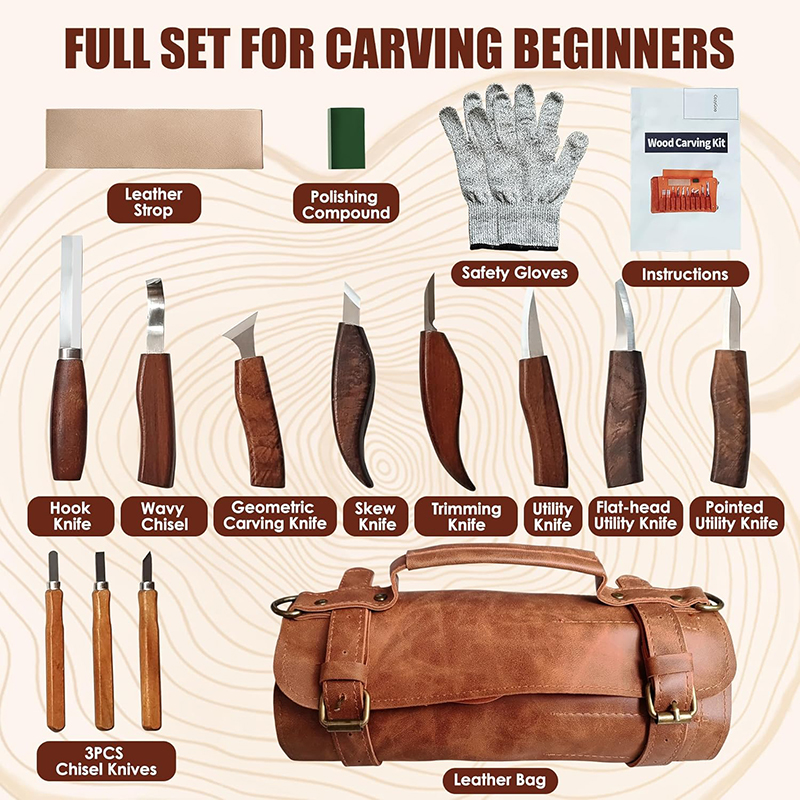 Wood carving set, deluxe carving knife set, , 15-- piece wood carving tool set with large pu leather case for beginners and carpentry experts