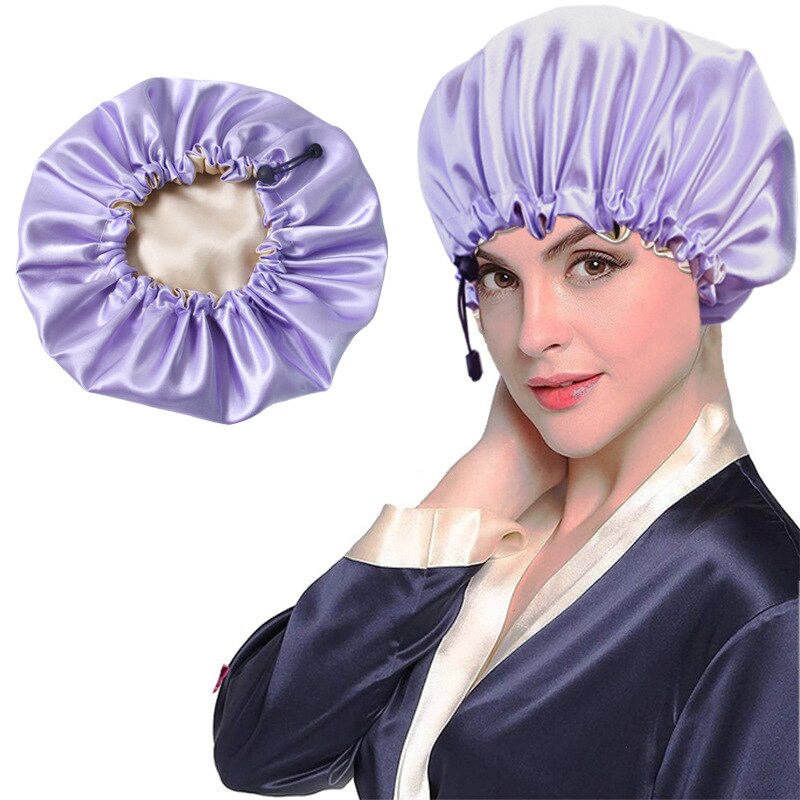 Hair Salon Elastic Thicken Double Layer Night Cap Adjustable Women's Oiled Shower Soft Silk Bath Hat Satin Bonnet Logo Printing: Purple