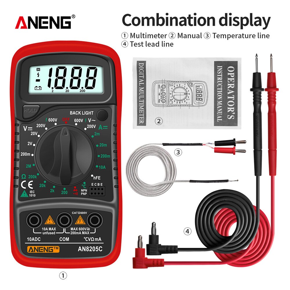 Xiaomi ANENG AN8205C Digital Multimeter AC/DC Ammeter Volt Ohm Tester Meter Multimetro With Thermocouple LCD Backlight Portable: AN8205C Red