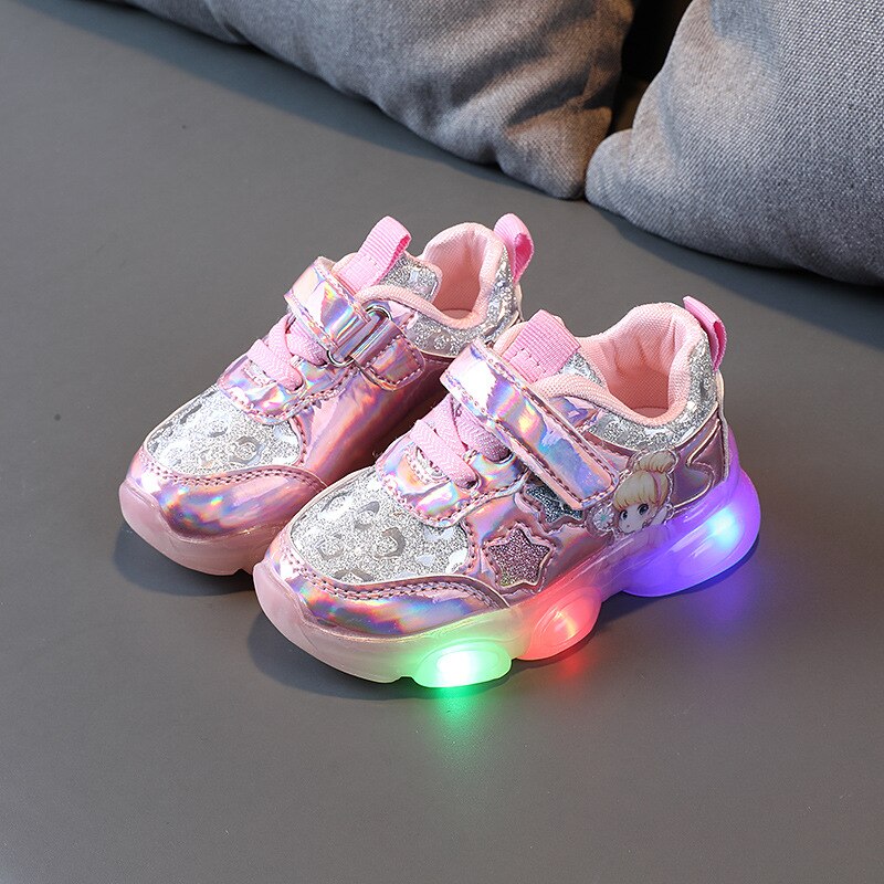 Botas bonitas con luces Led para niñas, zapatos brillantes suaves, Tenis de dibujos animados, , talla 21-30: Rosa / 29
