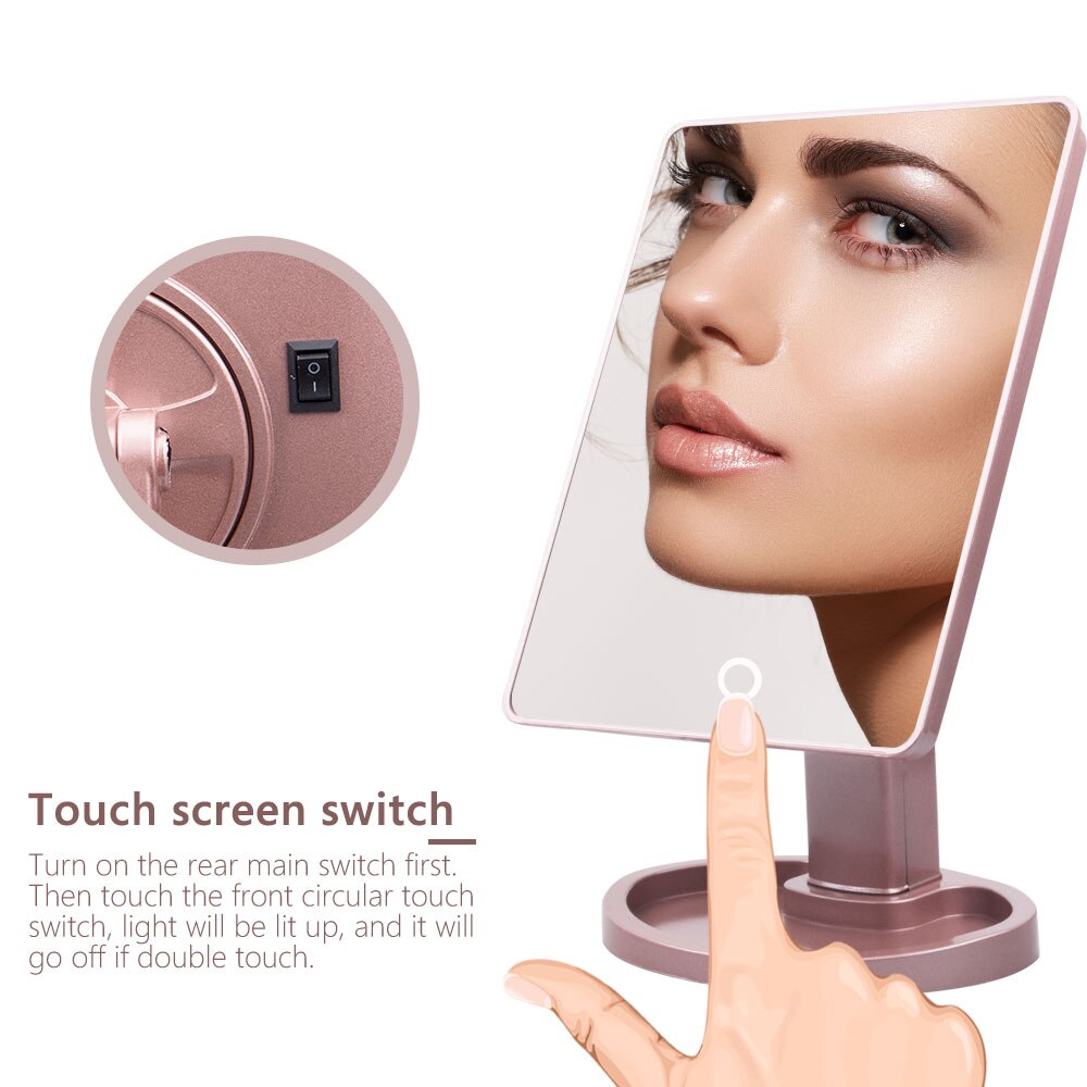 Women Cosmetic Mirror 22 LED Light Touch Screen Makeup Mirror Adjustable 16/22-LED Lights Brightness Desktop Table Mirrors Set
