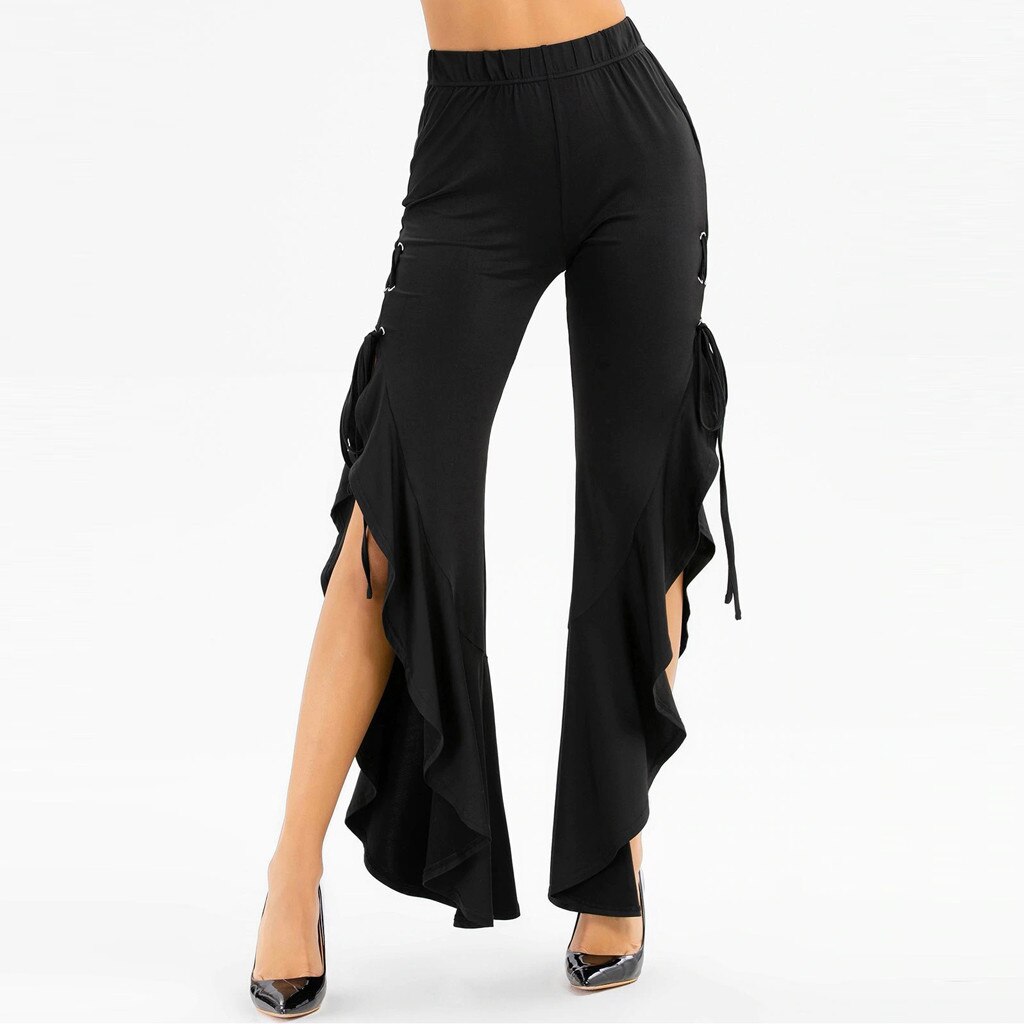 volants Flare pantalon femmes côté fente à lacets à volants pantalon doux solide poche pantalon Vintage Disco danse #3