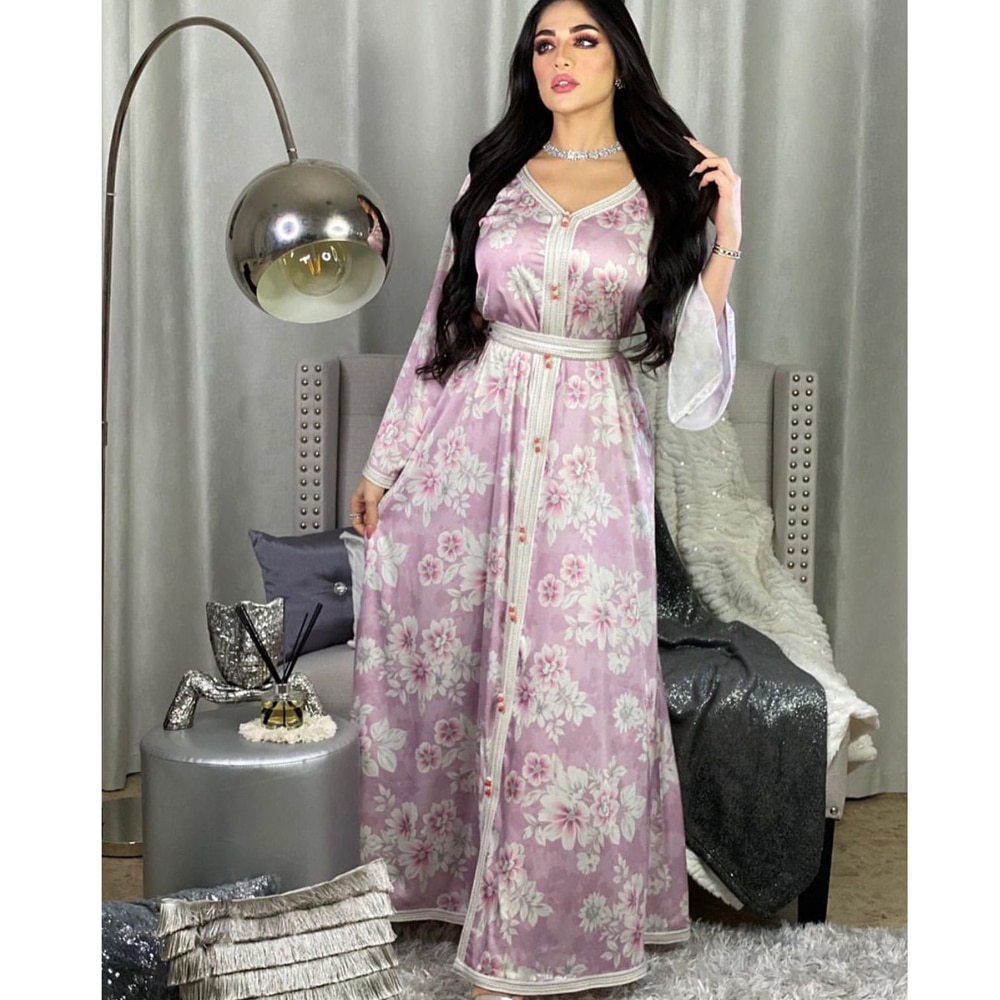 AB038 Lange Jurk Roze Abaya Soiree Moslim Islamitische Kleding Voor Vrouwen Om Bid Wereld Kleding Winkel Turkse Mooie Print Bloem