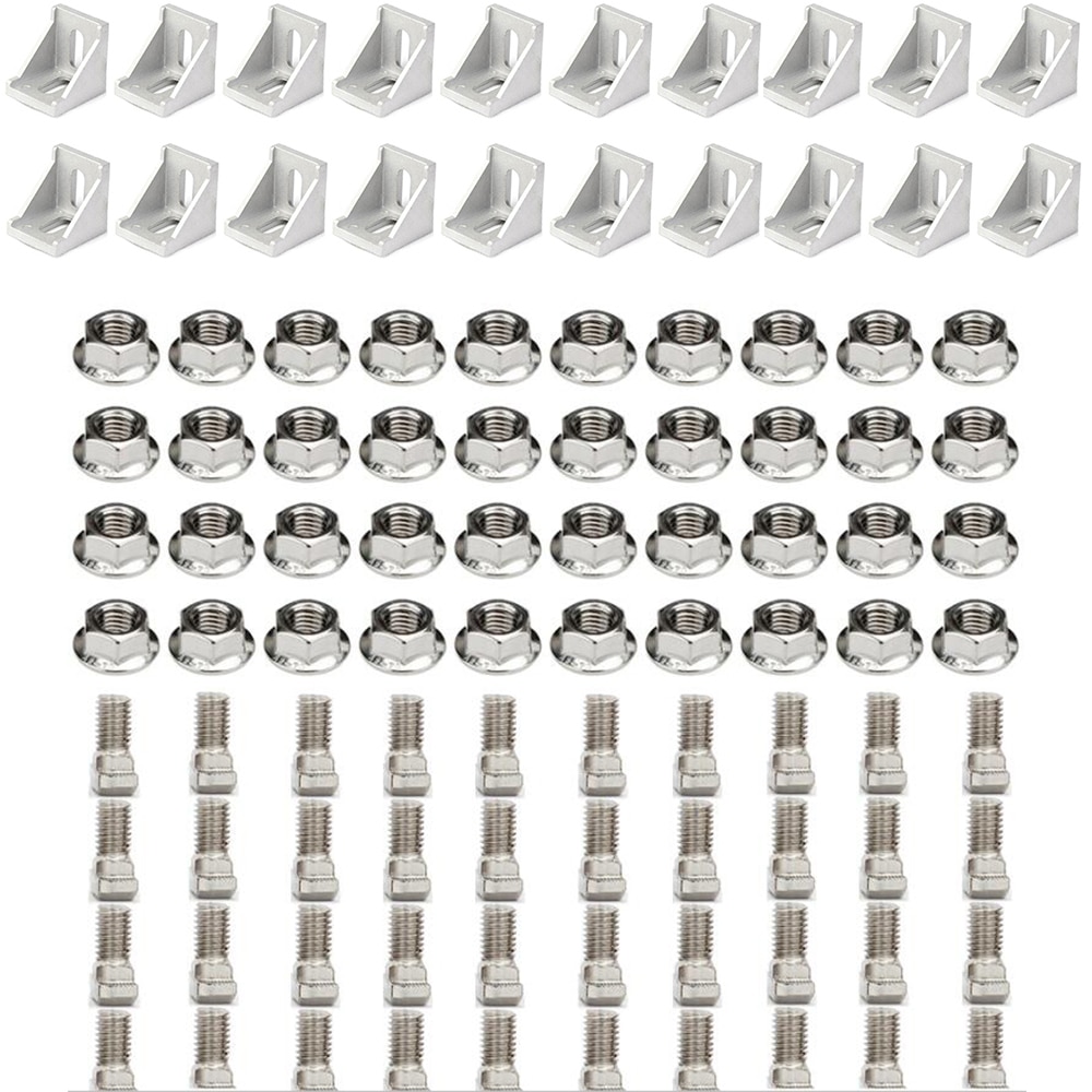 3030 Aluminum Profile Connector Set: 20pcs 3030 Corner Bracket + 40pcs M6 x 16mm T Bolt Screws + 40pcs M6 Hex Flange Nuts