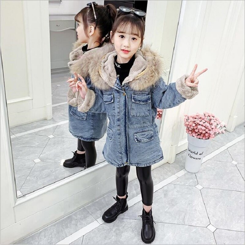 Winter Thicken Denim Jasje Voor Meisjes Plus Kasjmier Hooded Jas Voor Kinderen Kleding Warm Mode Meisjes Denim Jassen 5-13Y: 140   9T