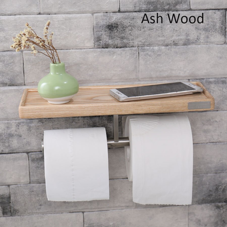 Distributeur de rouleau de papier toilette en acier inoxydable support en bois distributeurs de stockage de papier salle de bain murale avec étagère de téléphone: PH-WB1002
