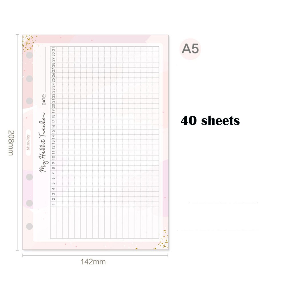 40 Sheets Habbit Tracker Notebook Inner Pages Cute Stationery 6 Holes A5/A6 Refills Loose Leaf Binder Organizer Notebook: A5