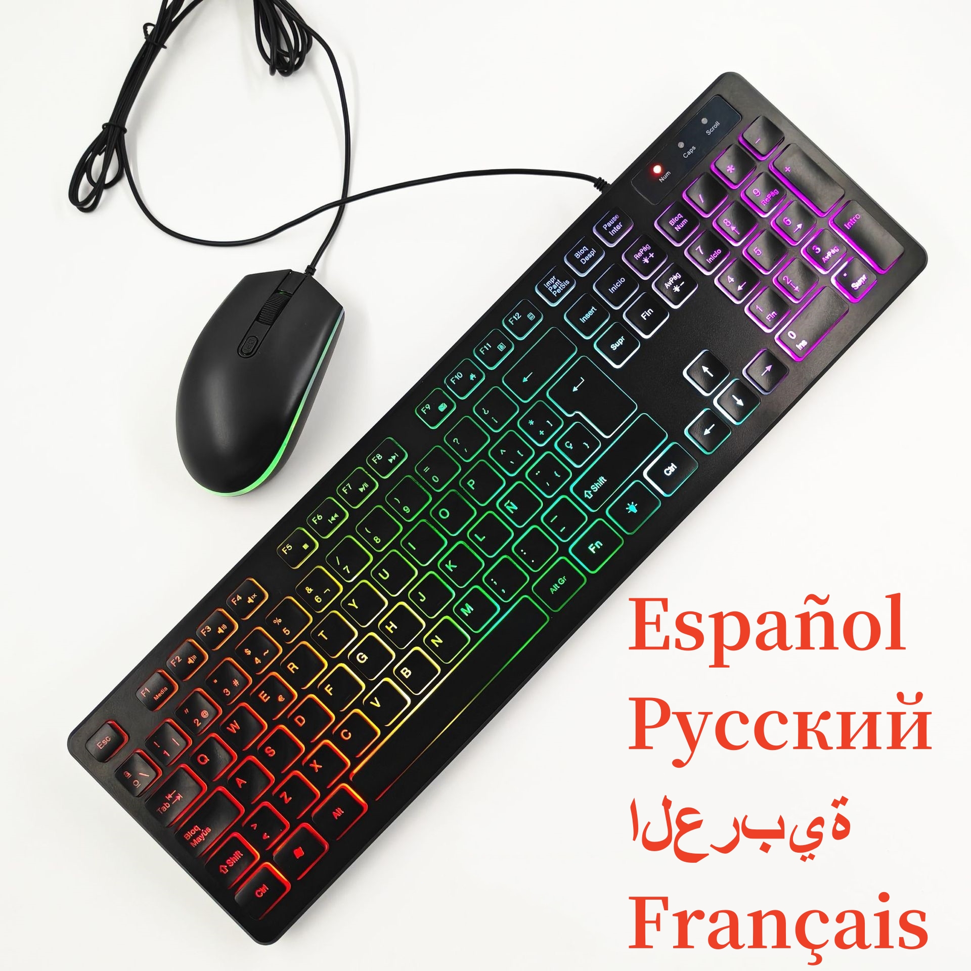 Teclado en español con la Ñ Teclado ruso, árabe, francés, alemán, inglés Ratón 100 % Retroiluminación arcoíris Letras translúcidas ISO 105 teclas Teclas de acceso directo multimedia W66