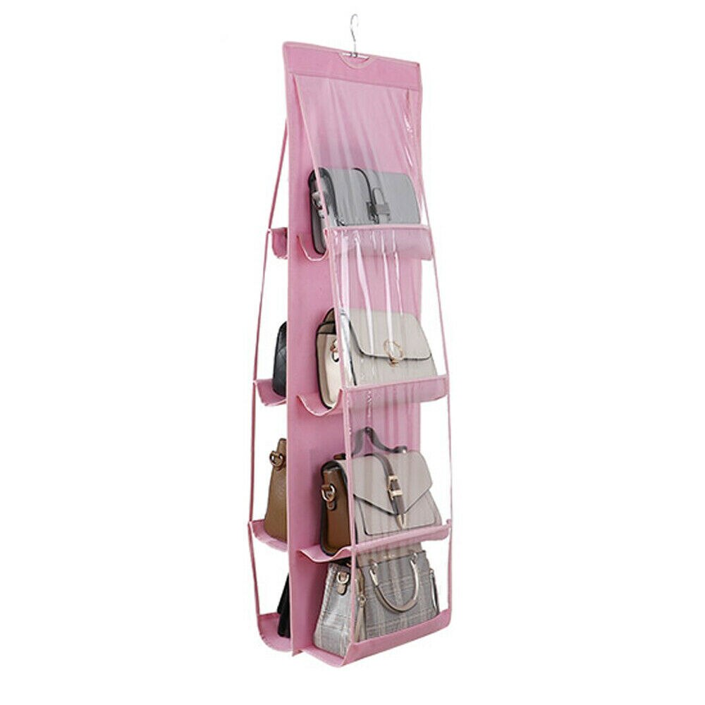 8 Pockets Shelf Bag Hanging Handbag Organizer Storage Holder Wardrobe Closets UK: Pink / 6 Pockets