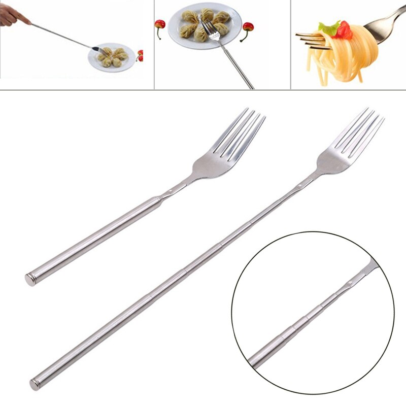 Forchetta allungabile telescopica in acciaio inossidabile cena dolce di frutta forchette per posate lunghe BBQ utensili per carne stoviglie da cucina stoviglie