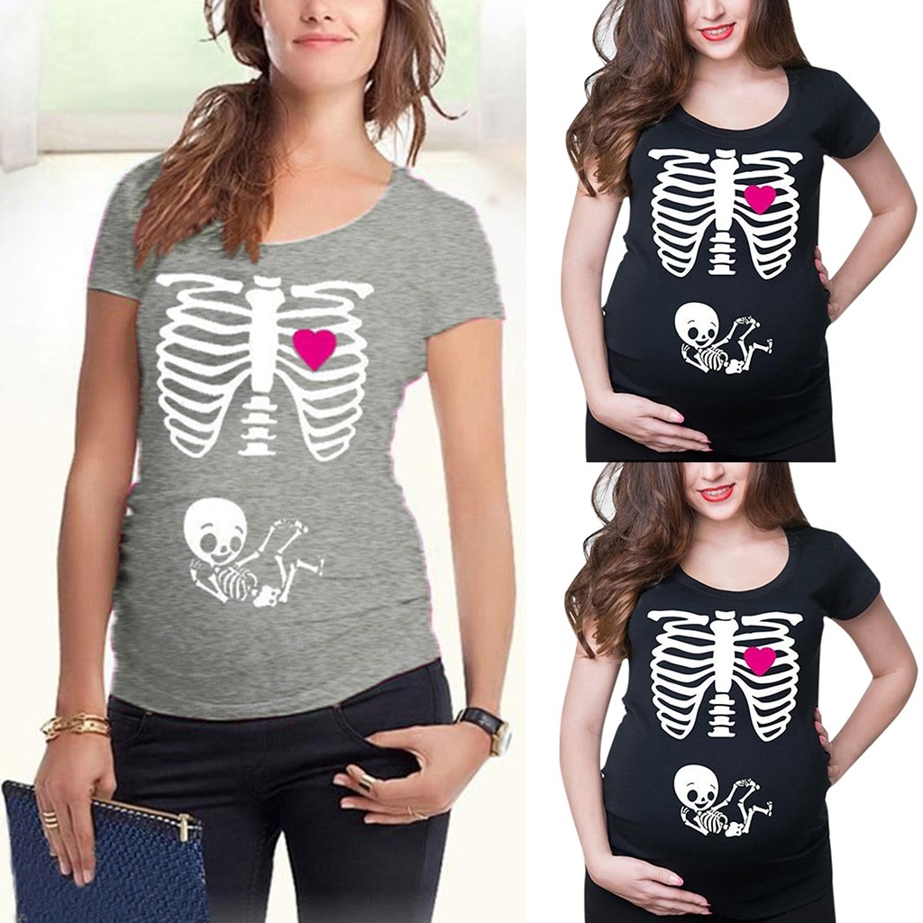 TELOTUNY Schwangerschaft Shirts Frauen Mutterschaft Kurzarm Skeleton Drucken Tops T-shirt Schwangere Casual Mutterschaft Frühjahr/sommer Hemd