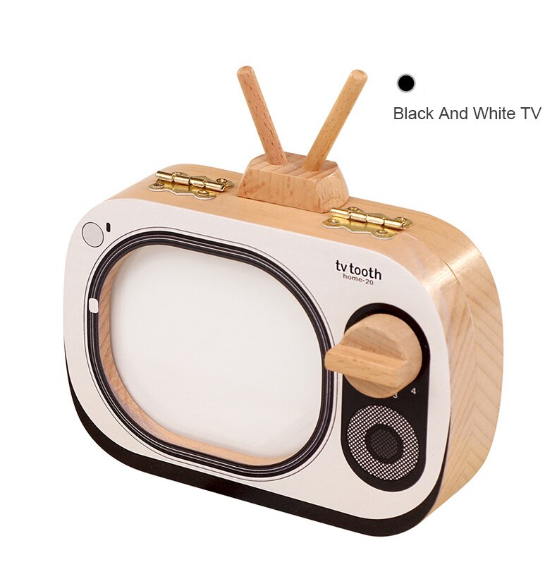 Baby Milk Teeth Box Baby Wood Tooth Box Baby Tooth Organizer Kids Deciduous Storage Collect wooden Box childhood memory: Black And White TV