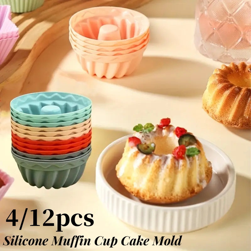 4/12Pcs Non-stick Silicone Mini Cake Pans Molds Muffin Cupcake Jelly Mold Fluted Tube Cake Making Reusable Kitchen Baking Tool