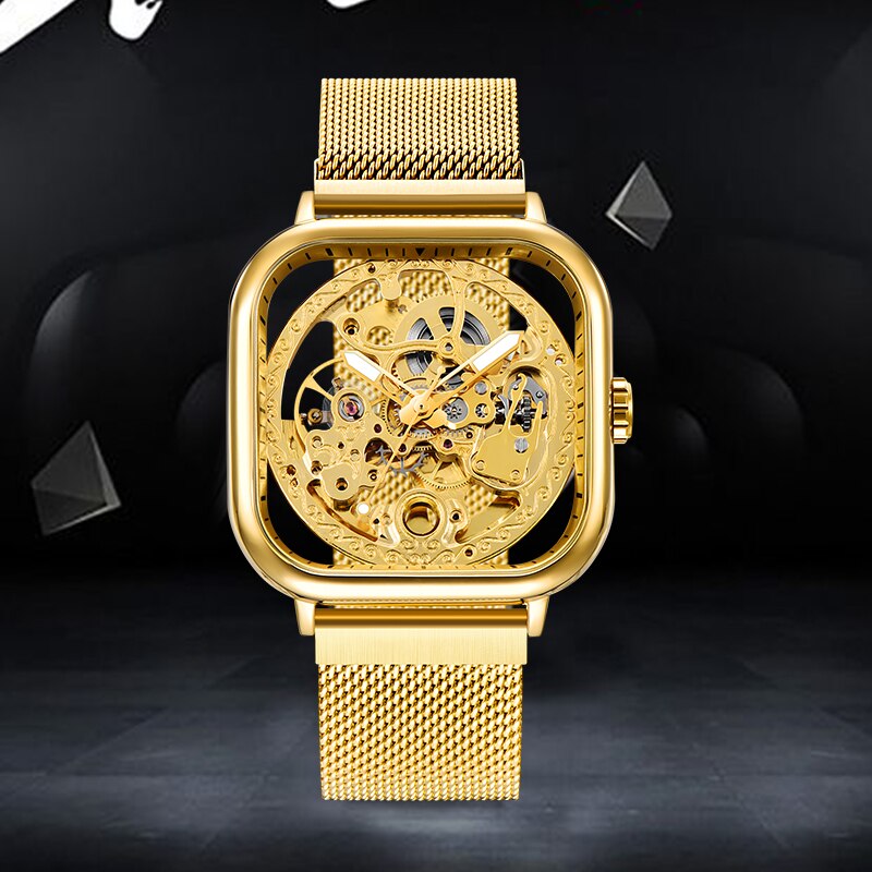 Forsining Mannen Mechanische Horloges Automatische Self-Wind Golden Transparante Mode Mesh Steel Horloge Voor Mannelijke Relogio Masculino