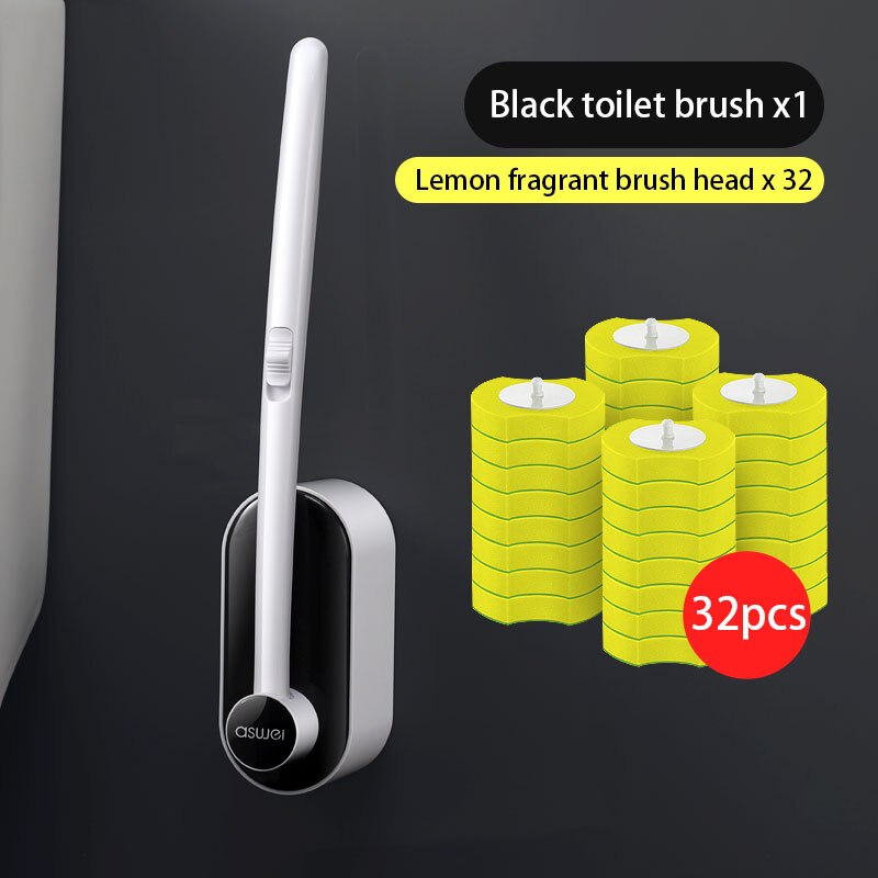 Escobilla para inodoro desechable, herramientas de limpieza sin ángulo muerto, cepillo limpiador de mango largo para el hogar, accesorios de baño para inodoro: 32pcs Lemon Black