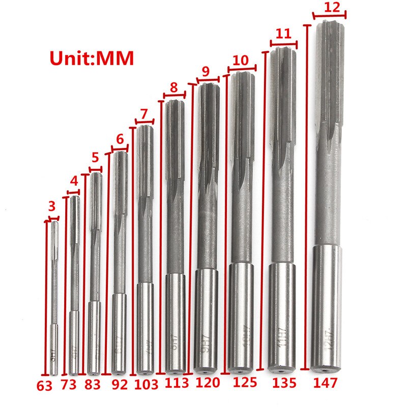 10pcs 3-12mm HSS Machine Reamer Set H7 Straight Shank Milling Chucking Reamer Machine Cutter