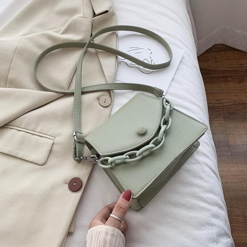 Dihope skulder dame håndtasker tyk kæde cross body taske ensfarvet lille pu læder crossbody tasker til kvinder swild: Grøn