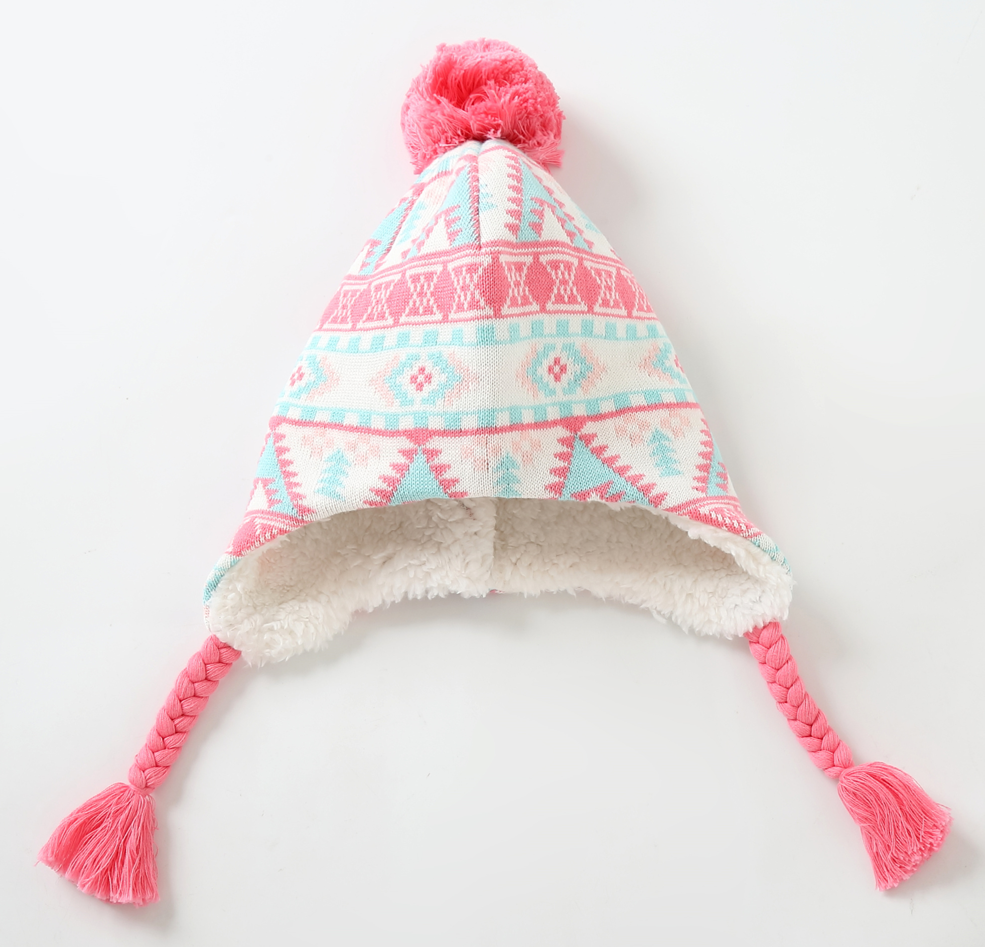 Connectyle toddler spædbarn piger cutejacquard bomuld børn hat sherpa foret strik vinter hatte med øreflap beanie hat med pom