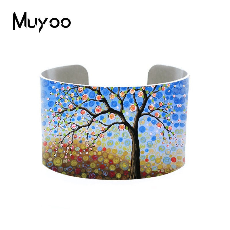 Original Abstract Landscape Painting Handmade Aluminum Cuff Vintage Tree Art Oil Painting Adjustable Bangles Cuff