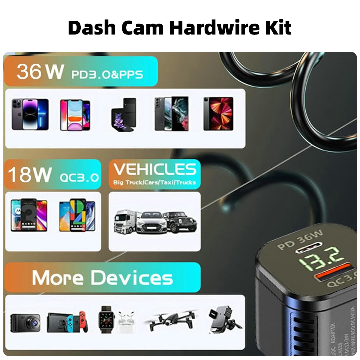 3m type c dashcamkabels, 5v snellaadkabels 2a usb-c voedingskabels voor auto-dvr-camera's, gps-recorders, lange kabeladapter, oplader