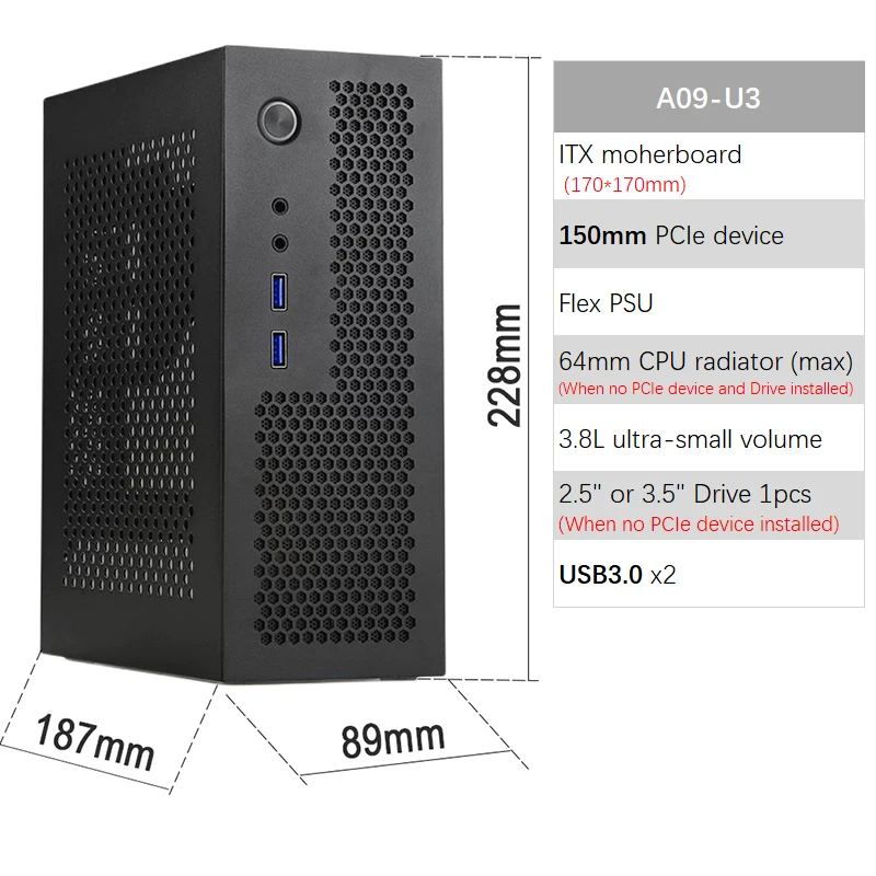 A09 3.8L ITX Chasis A4 HTPC Computadora portátil PC Soporte PCIe 2.5' SSD Drive Mini IPC Flex PSU Case: Negro