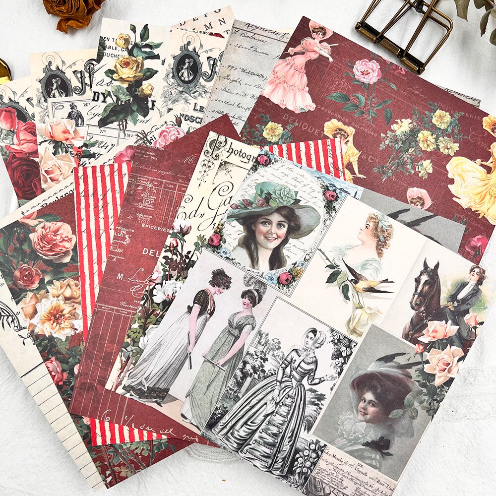 Romantic Rose Girls Material Craft Paper Packs Scrapbooking Happy Planner DIY Card Decoration Photo Albums: 12Sheets