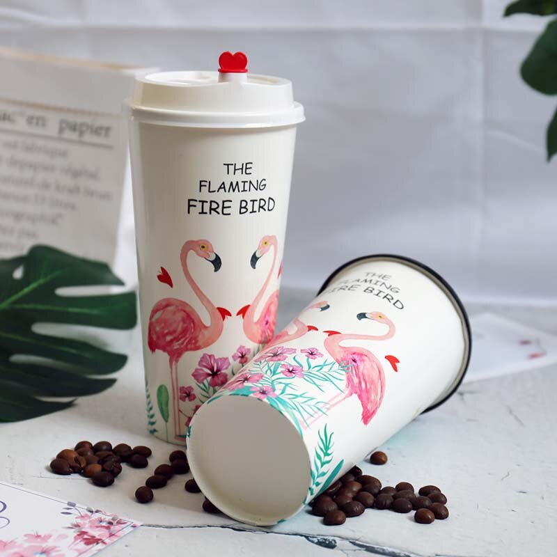 50pcs white flamingo cup 500ml disposable coffee cup party birthday favor beverage paper cup with love lid