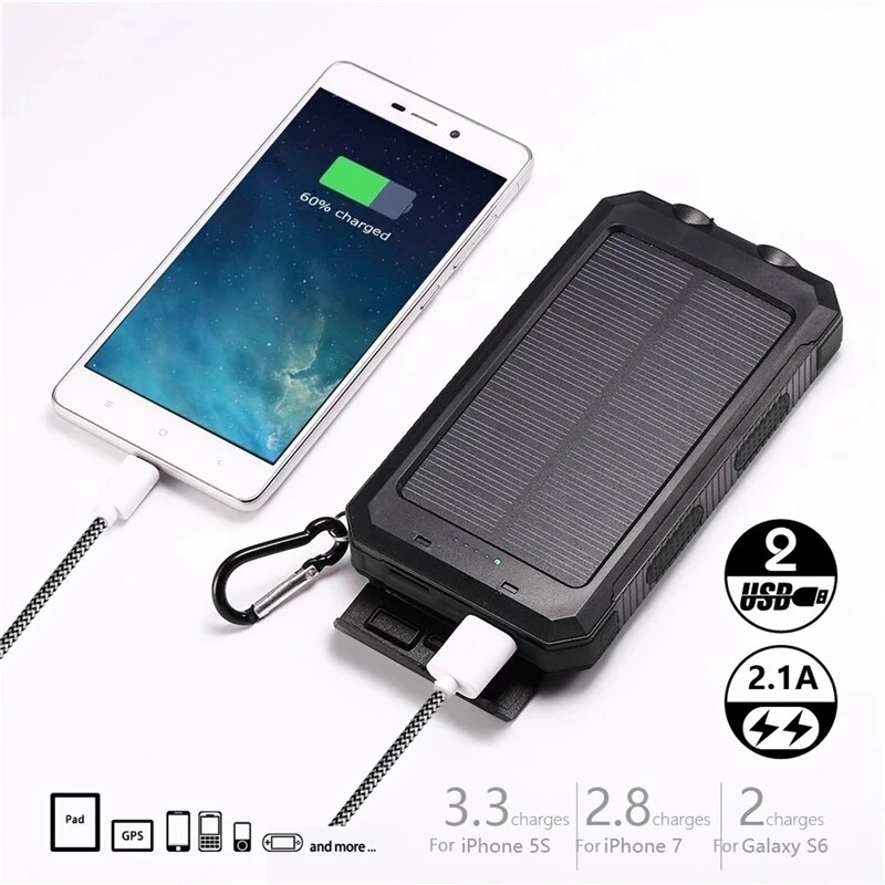 20000Mah Solar Power Bank Outdoor Draagbare Oplader Powerbank Waterdichte Externe Batterij Dual Usb Opladen Met Led Licht