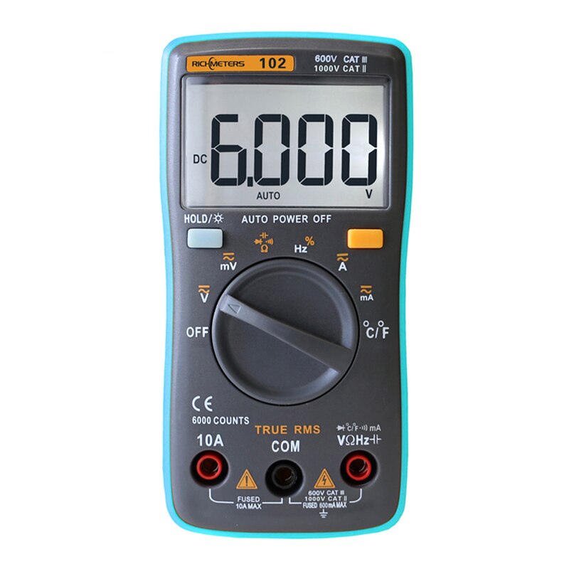 RICHMETERS 102 Multimeter 6000 counts Back light AC/DC Ammeter Voltmeter Ohm Frequency Diode Temperature: RM102