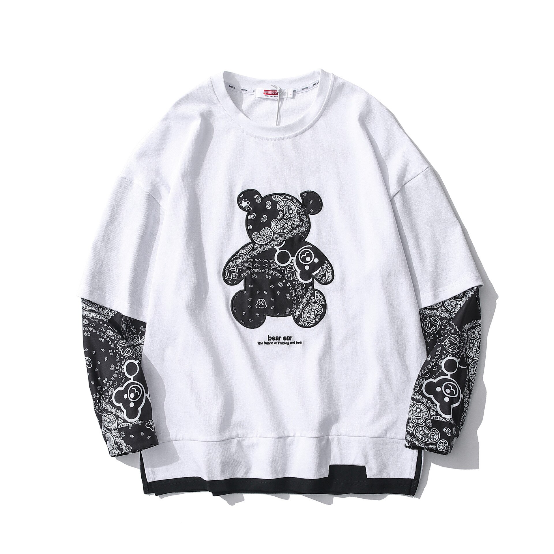 Tide Brand Cashew Flower Bear Japanese Full Sleeved T-Shirt for Men and Women Style Casual Long-Sleeved Couple Tees: White / 175cm 67kg L