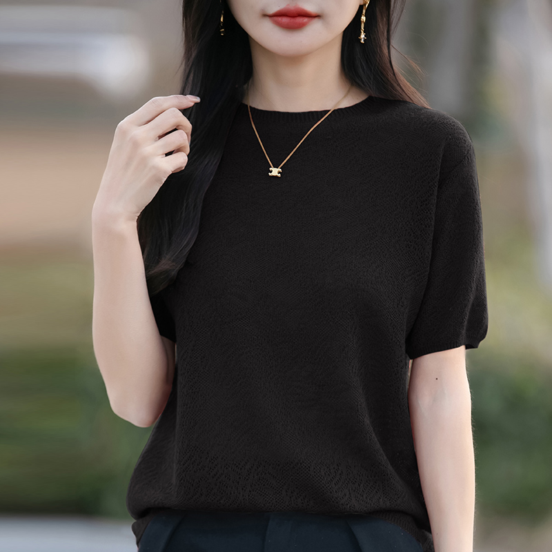 Women's Half-sleeved T-shirt Wool Lyocell Tees Sweater O-neck Flower Shaped Hollow Pullover Vest Summer Knitted Bottoming Tops: XL / black